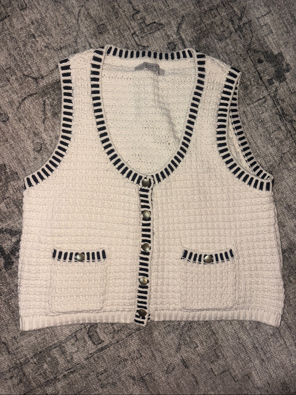 LOFT White Knit Button-Front Sleeveless Vest with Navy Trim